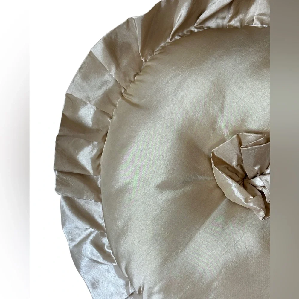Vintage Round Ruffled Decorative Pillow in Champagne satin 21” across pretty